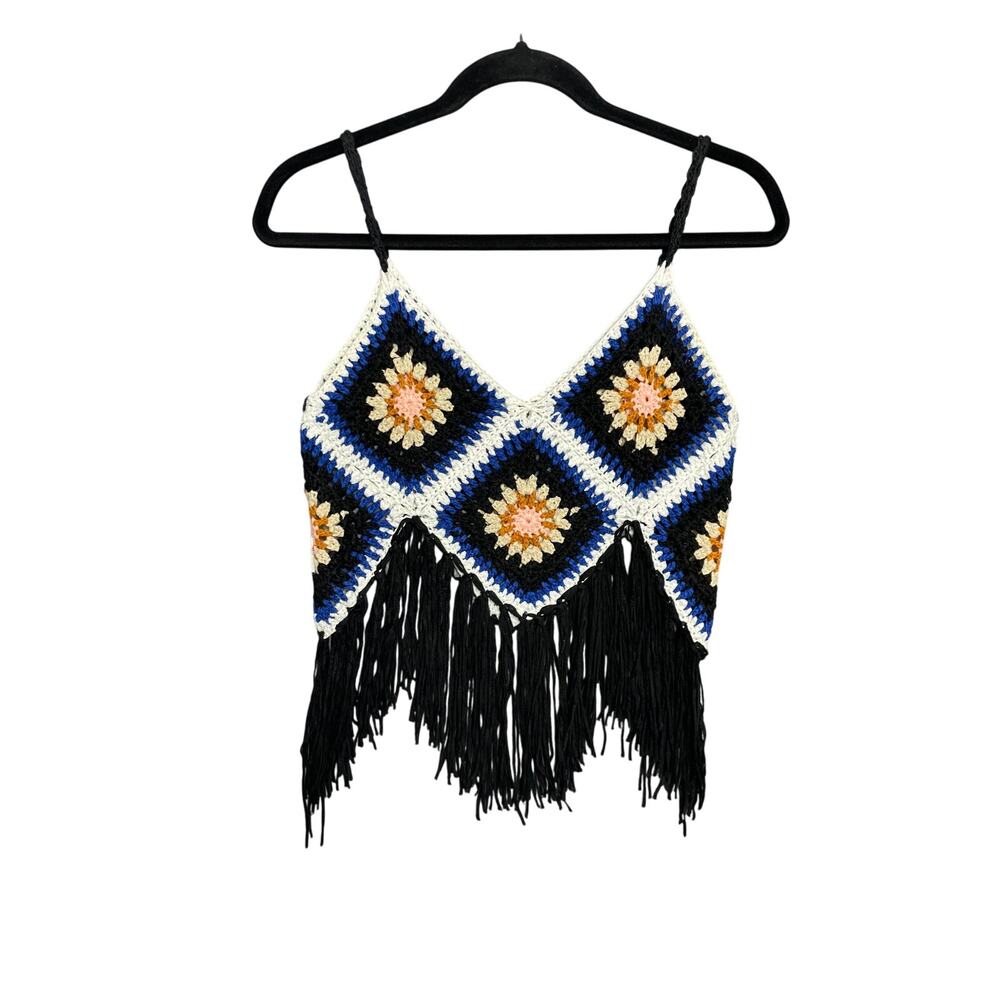 Boho Festival Open Knit Crochet Granny Square Fringe Crop Top Shirt Hippie‎